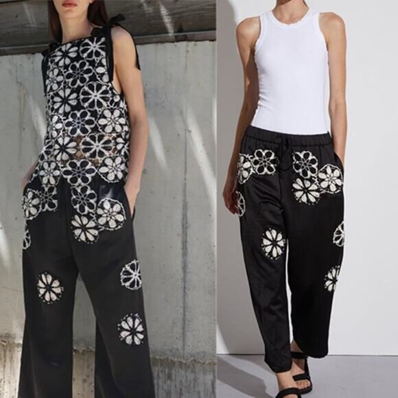 NEW Saintart Elastic-Waist Embroidered Floral Wide-Leg Pants Black Size: Small - Picture 1 of 7